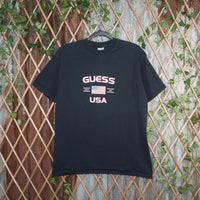 L - Vintage Y2K Guess T-Shirts gas usa american flag since - Black - L