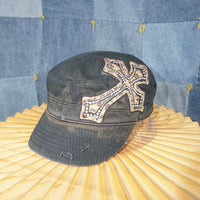 OSFA - Vintage Y2K bling rhinestone cross 00s cadet army hat