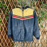 Vintage Y2K youth rain coat quilted fur hood striped jacket